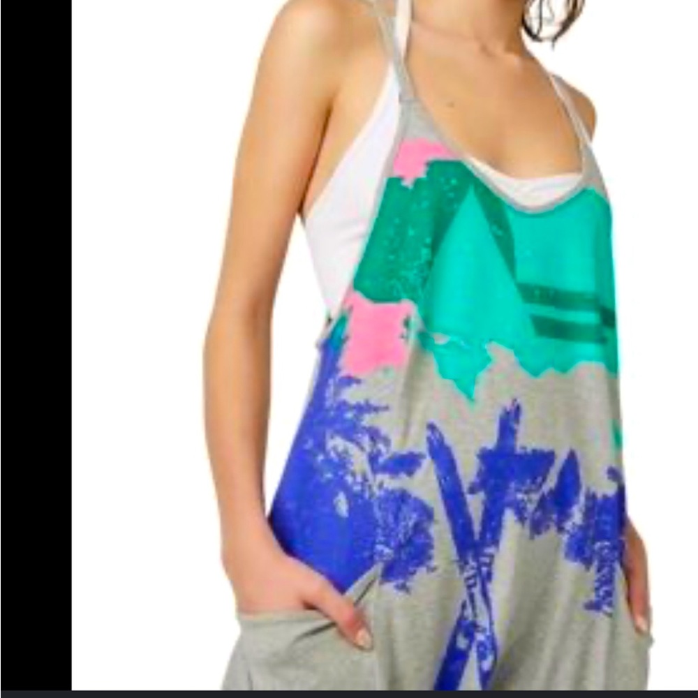 Free People Gray Graphic Jumpsuit with Teal, Blue & Pink Accents